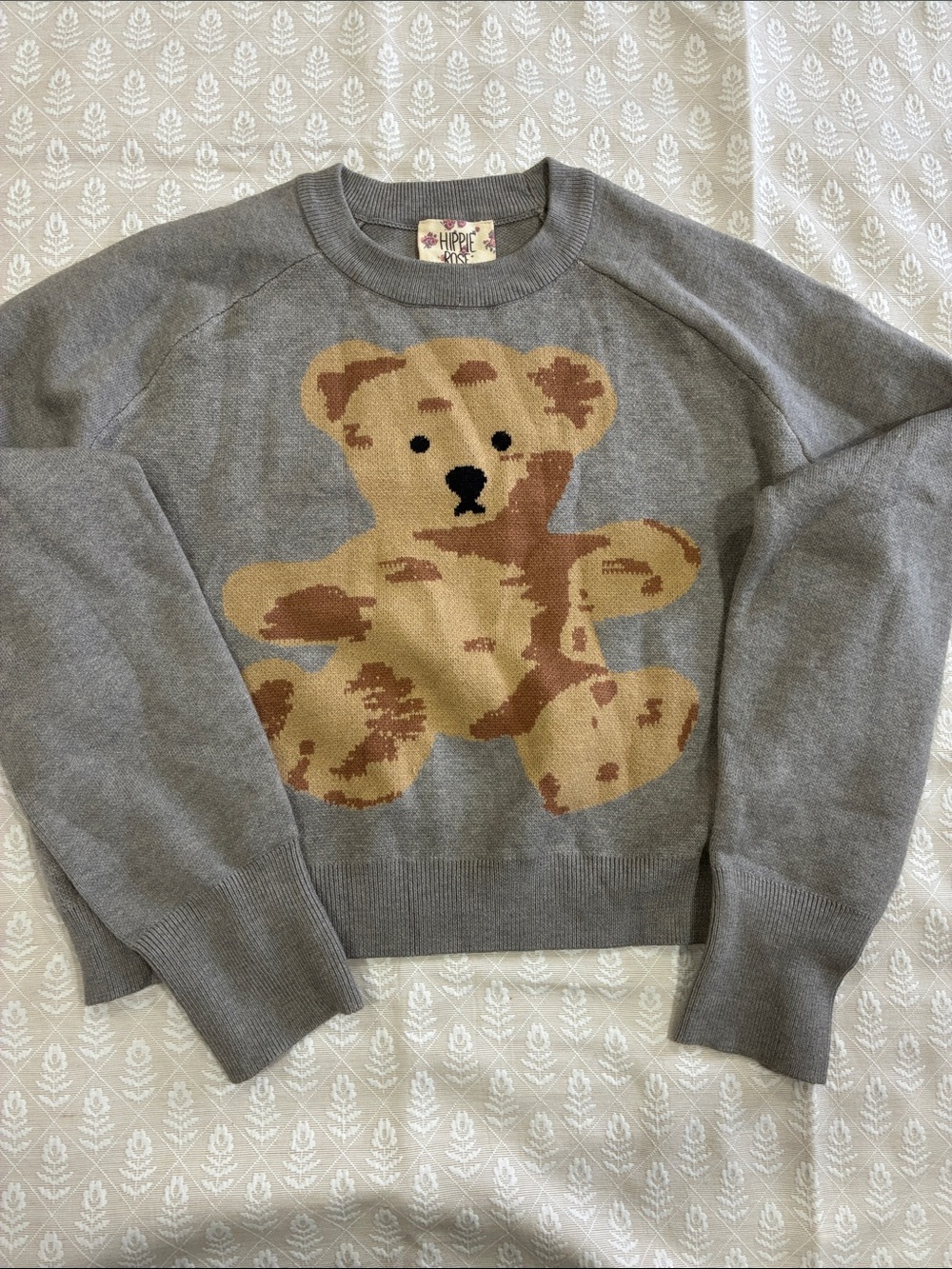 Hippie Rose Gray Crewneck Sweater with Tan & Brown Teddy Bear